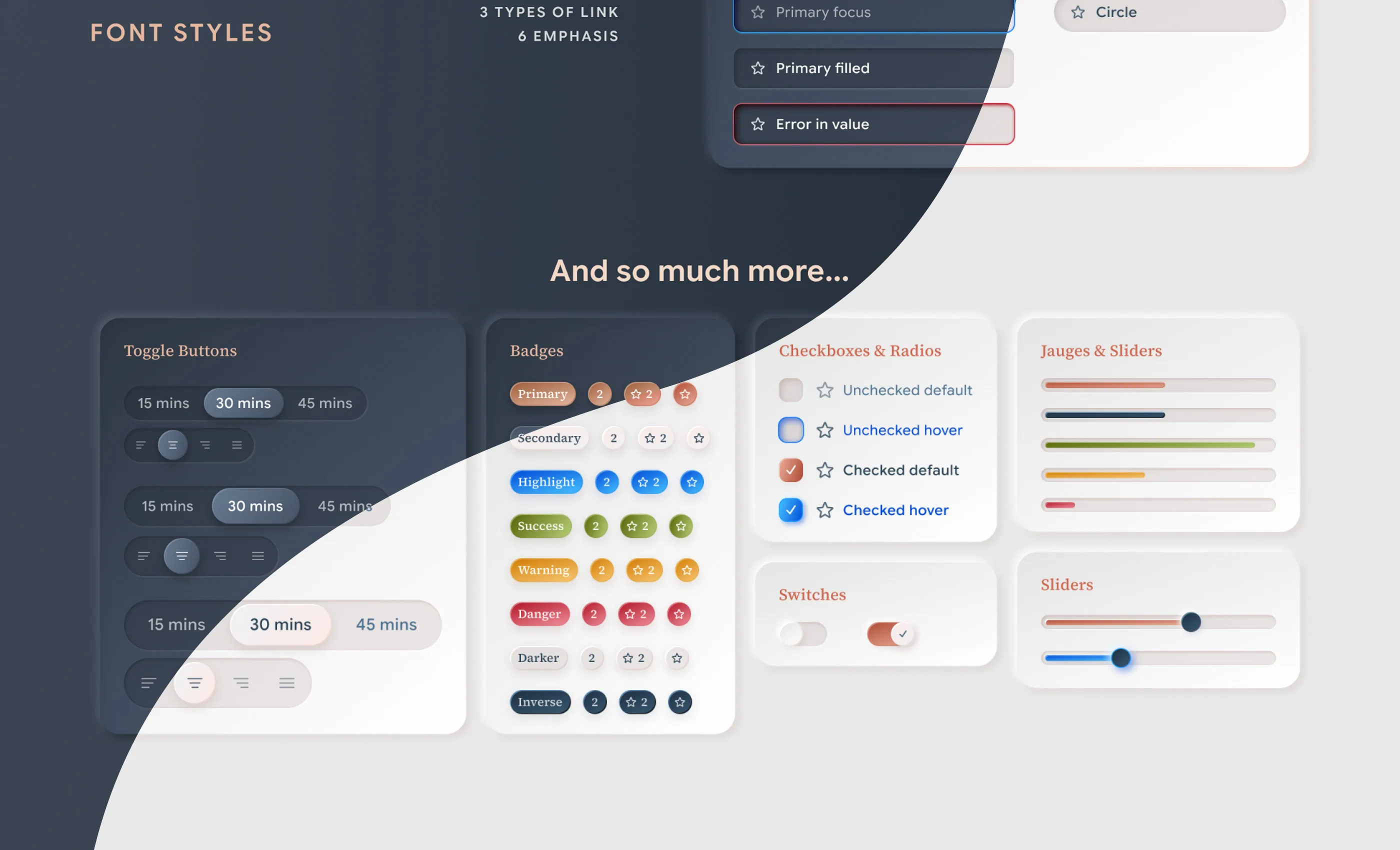 Doryn design system: type styles, toggles, badges, checkboxes, switches, gauges and sliders