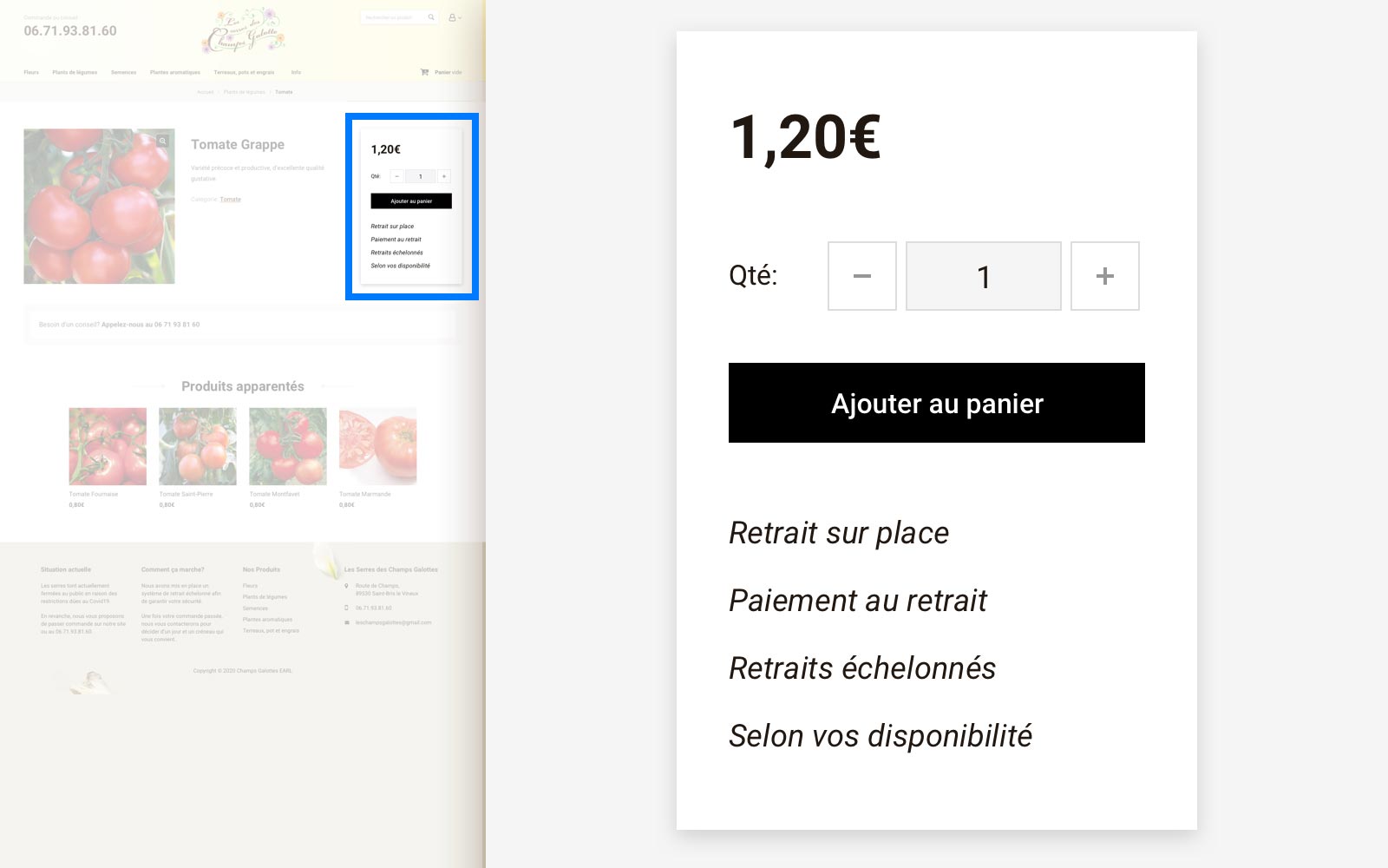 A product page showing the four pickup rules directly under the Add to cart button