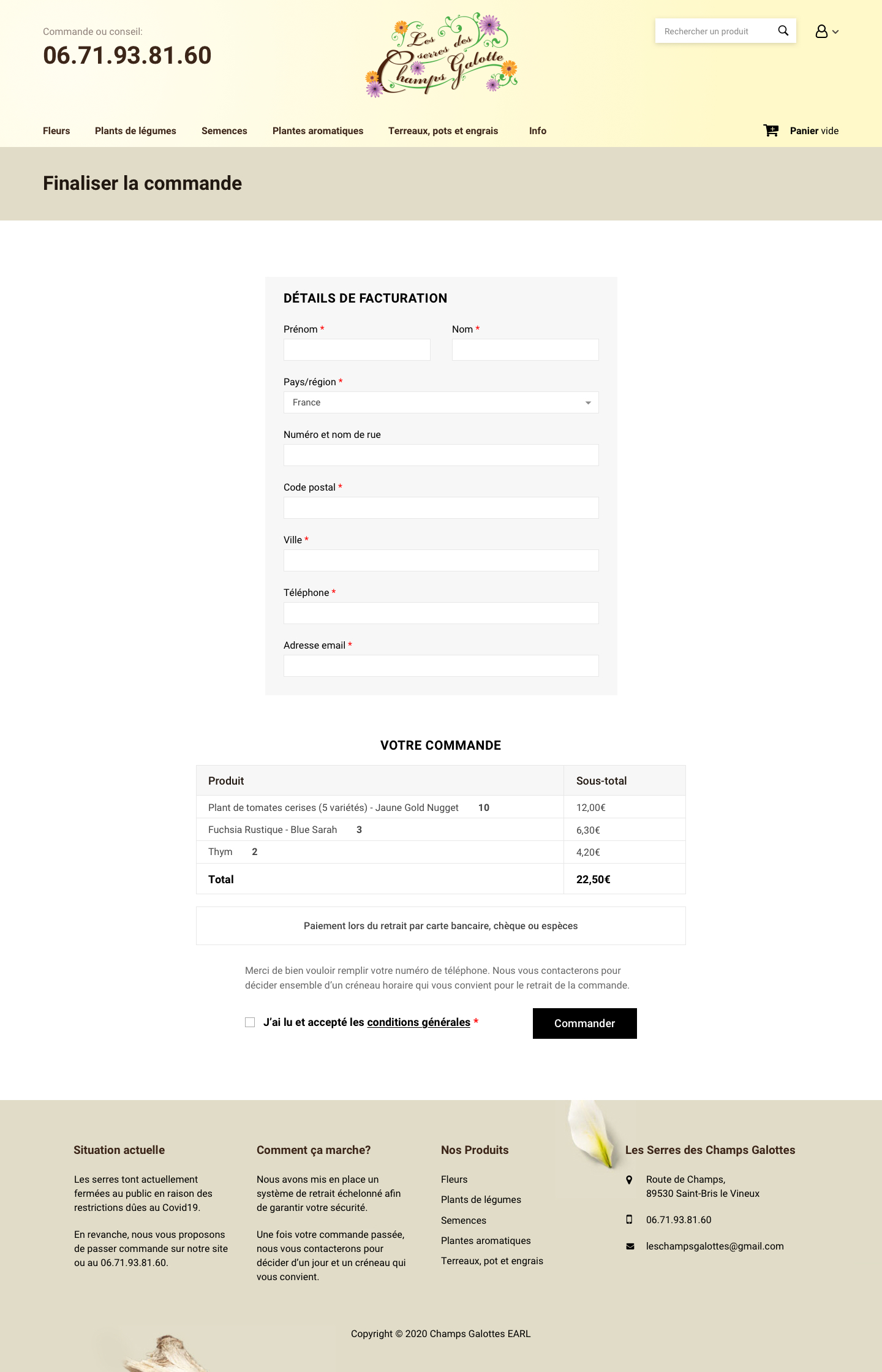 The full simplified checkout page of the Champs Galottes store