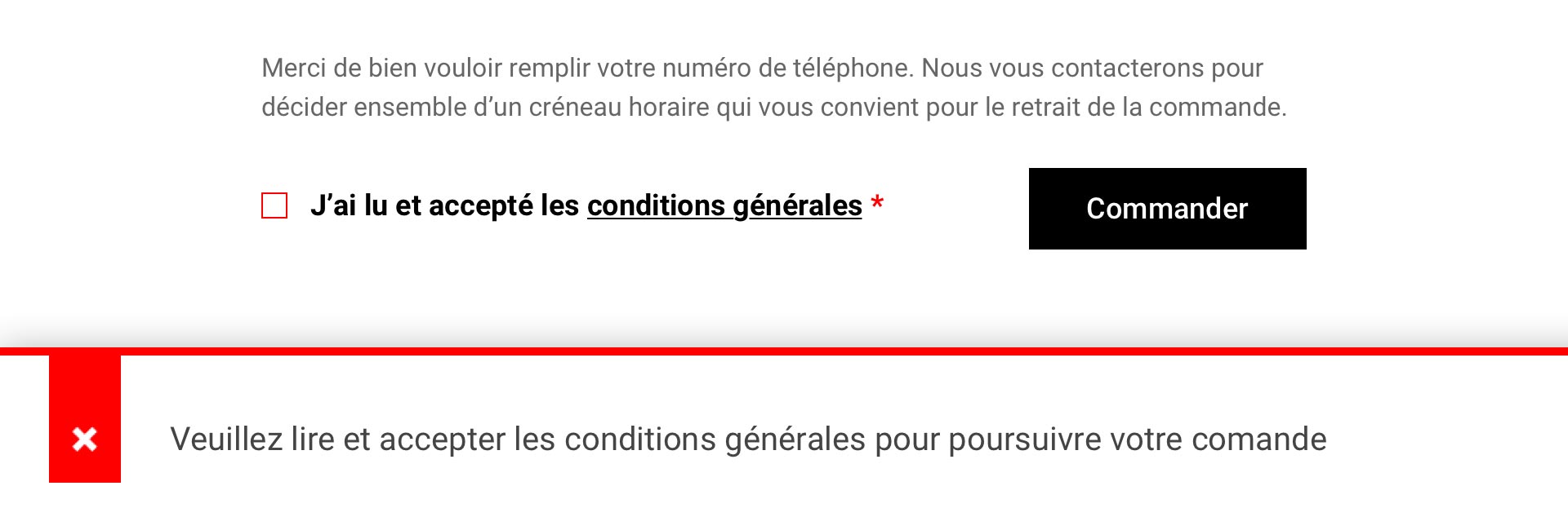 The checkout error message shown when the terms have not been accepted