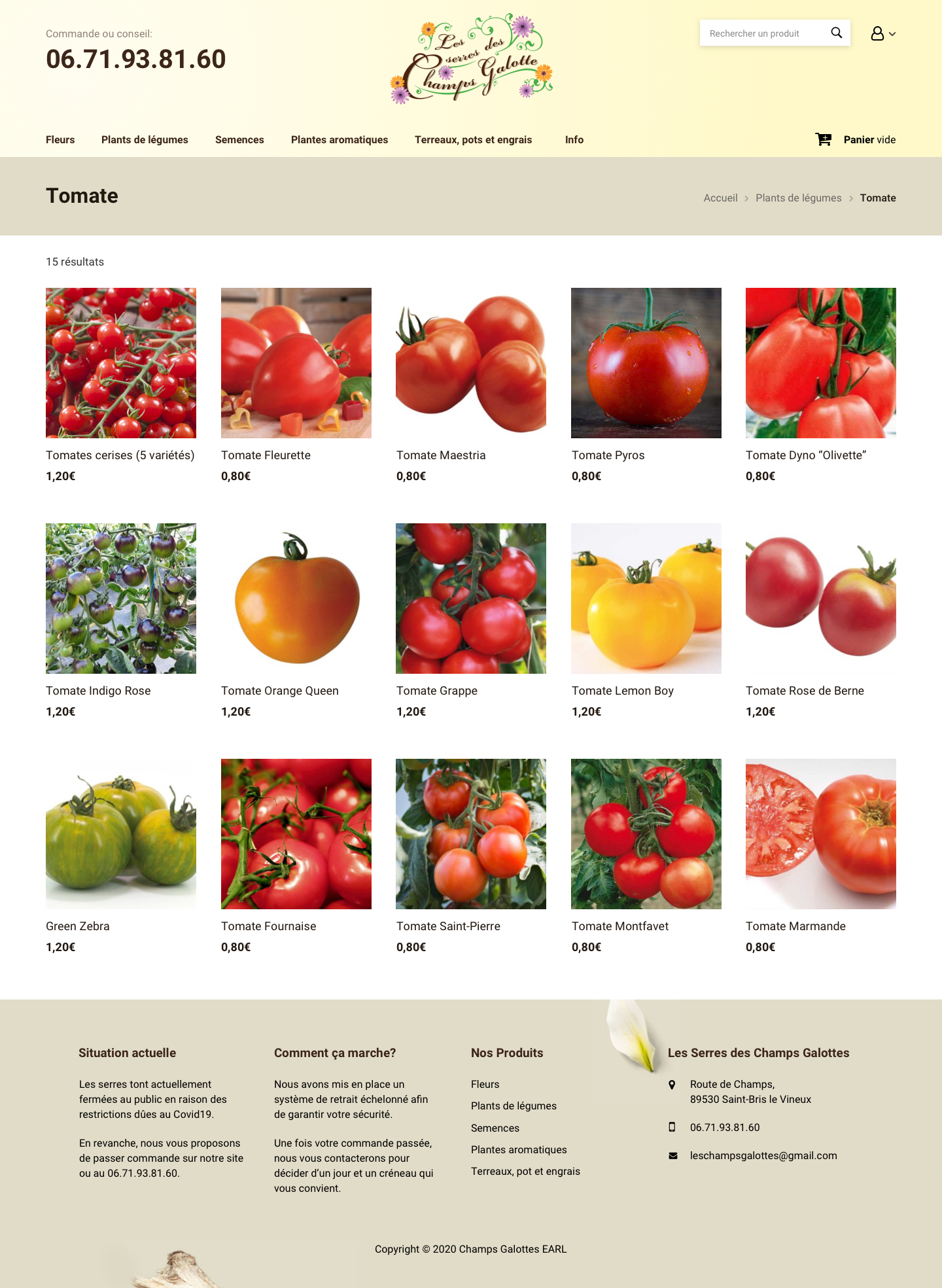 The tomato category page, a plain grid of products with prices